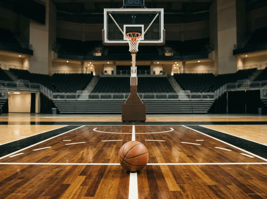 Bola de basquetebol junto ao cesto num pavilhão desportivo com pisó de madeirá envernizada