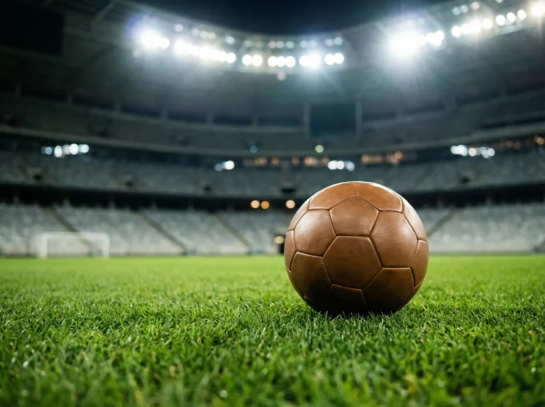 Bola de futebol no relvado de um estádio iluminado à noite com bancadas ao fundo