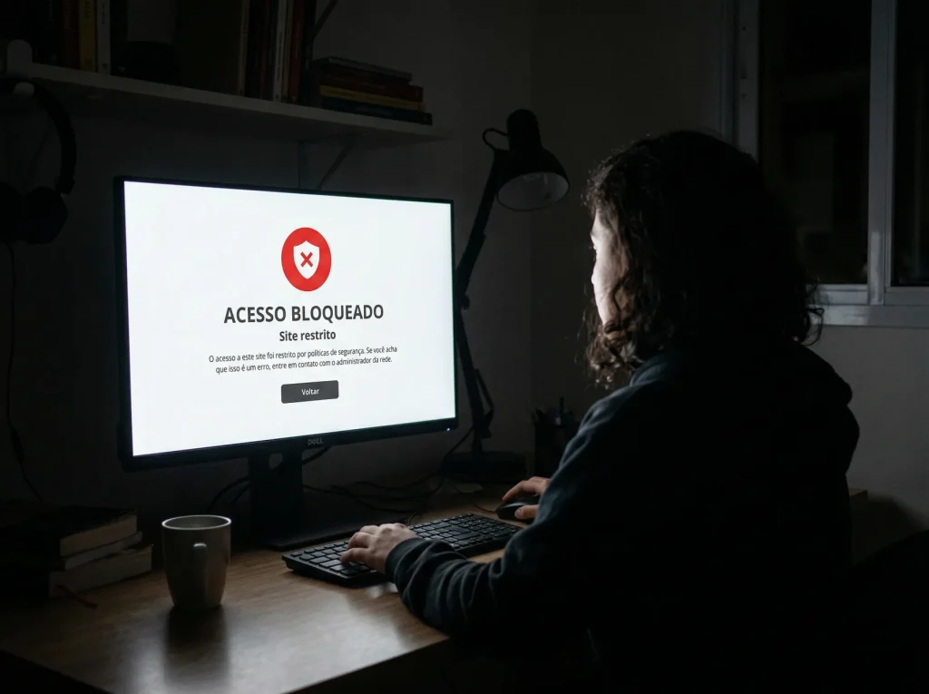 Ecrã de computador com uma mensagem de acesso bloqueado a um site de apostas