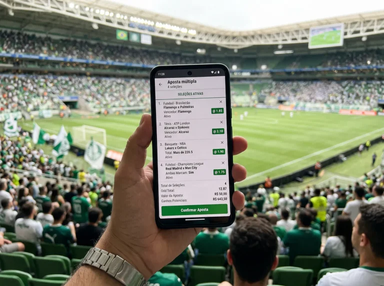 Boletim de apostas com várias seleções desportivas marcadas num ecrã de telemóvel