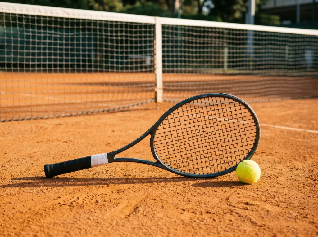 Raquete de ténis e bola amarela sobre um court de terra batida com rede ao fundo