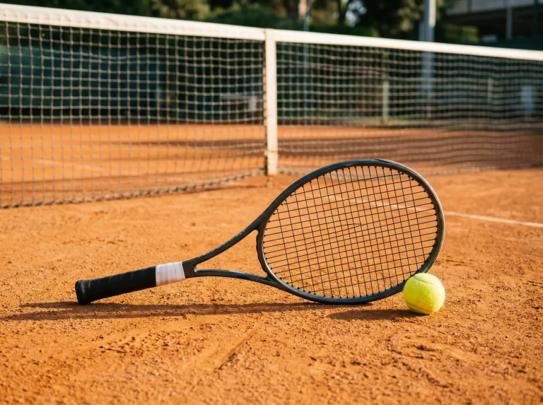 Raquete de ténis e bola amarela sobre um court de terra batida com rede ao fundo