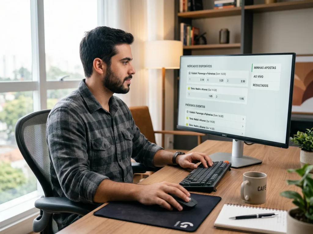 Pessoa a navegar numa plataforma de apostas online num computador de secretária