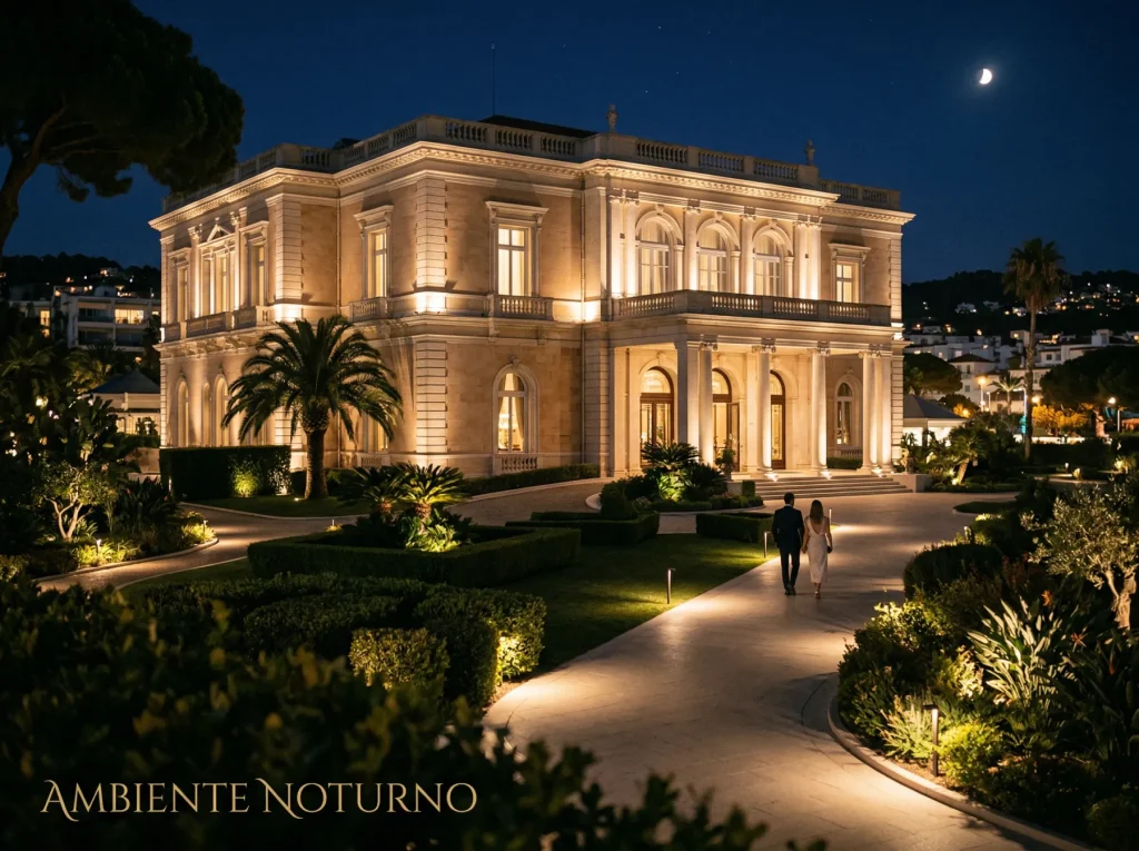 Vista do Casino Estoril à noite com iluminação e jardins em primeiro plano