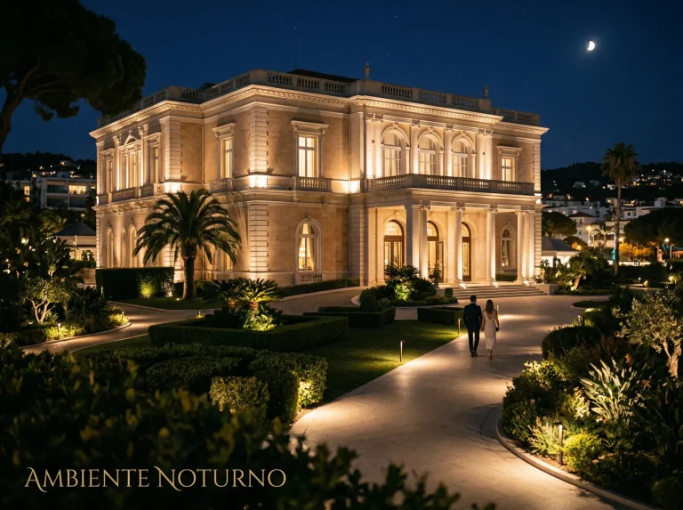 Vista do Casino Estoril à noite com iluminação e jardins em primeiro plano