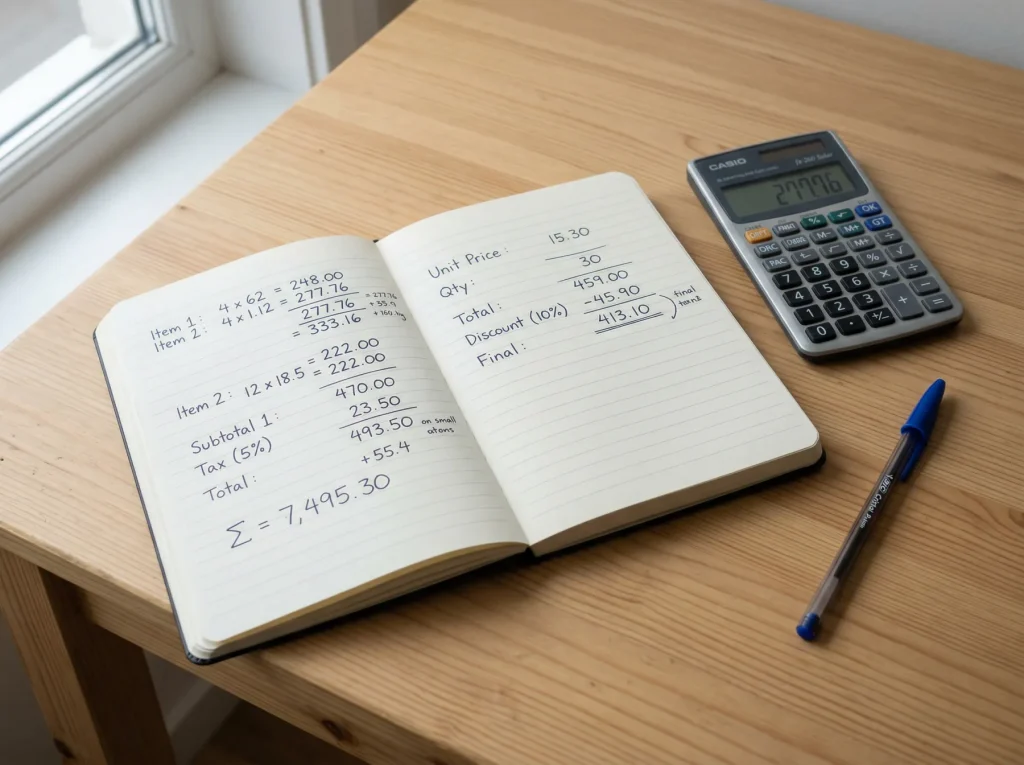 Caderno com anotações numéricas e uma calculadora sobre uma mesa de trabalho