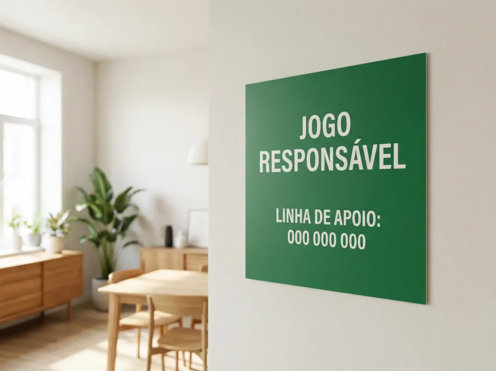 Placa informativa sobre jogo responsável com o número da Linha Vida 1414 num fundo verde