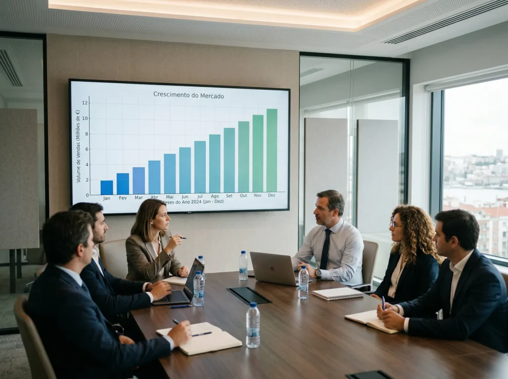 Gráfico de barras ascendente num ecrã a representar o crescimento do mercado de apostas em Portugal