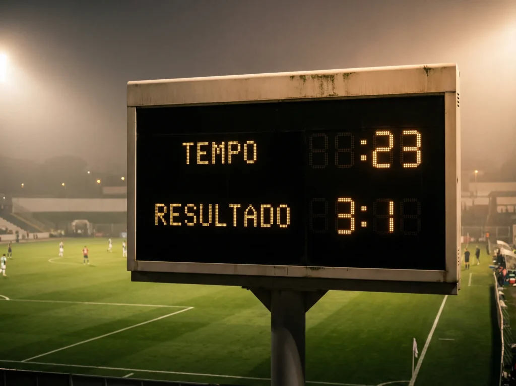 Painel de resultados de um estádio de futebol a mostrar o marcador do jogo