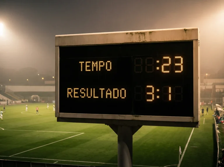 Painel de resultados de um estádio de futebol a mostrar o marcador do jogo