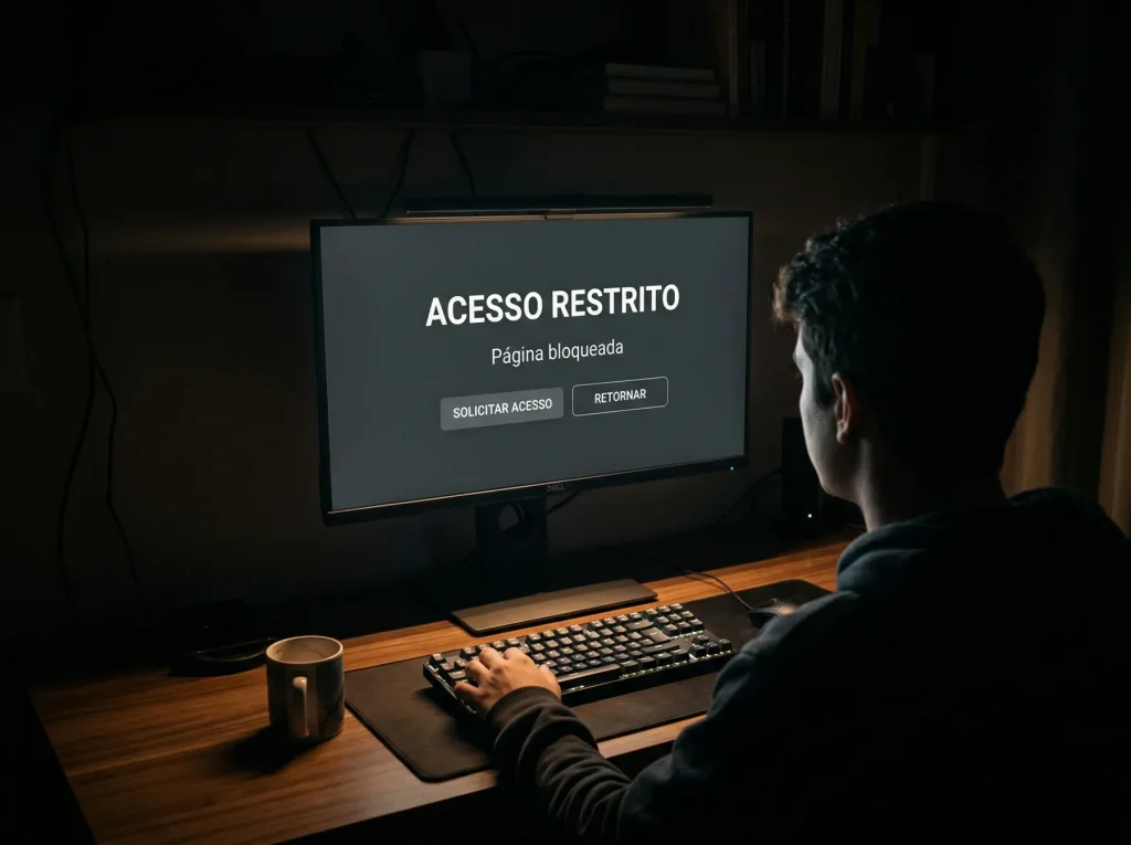 Ecrã de computador com uma página web bloqueada e um avisó de acesso restrito
