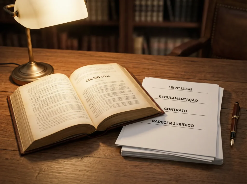 Livro de legislação aberto sobre uma mesa com o Diário da República é uma caneta
