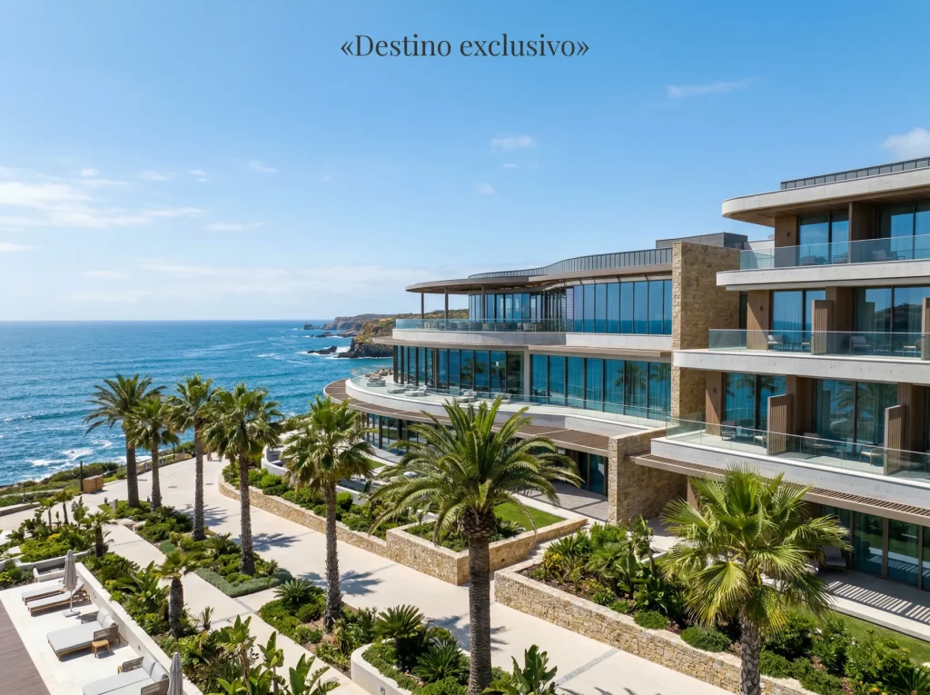 Fachada de um casino português junto ao mar com palmeiras e céu azul
