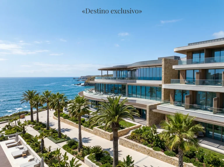 Fachada de um casino português junto ao mar com palmeiras e céu azul